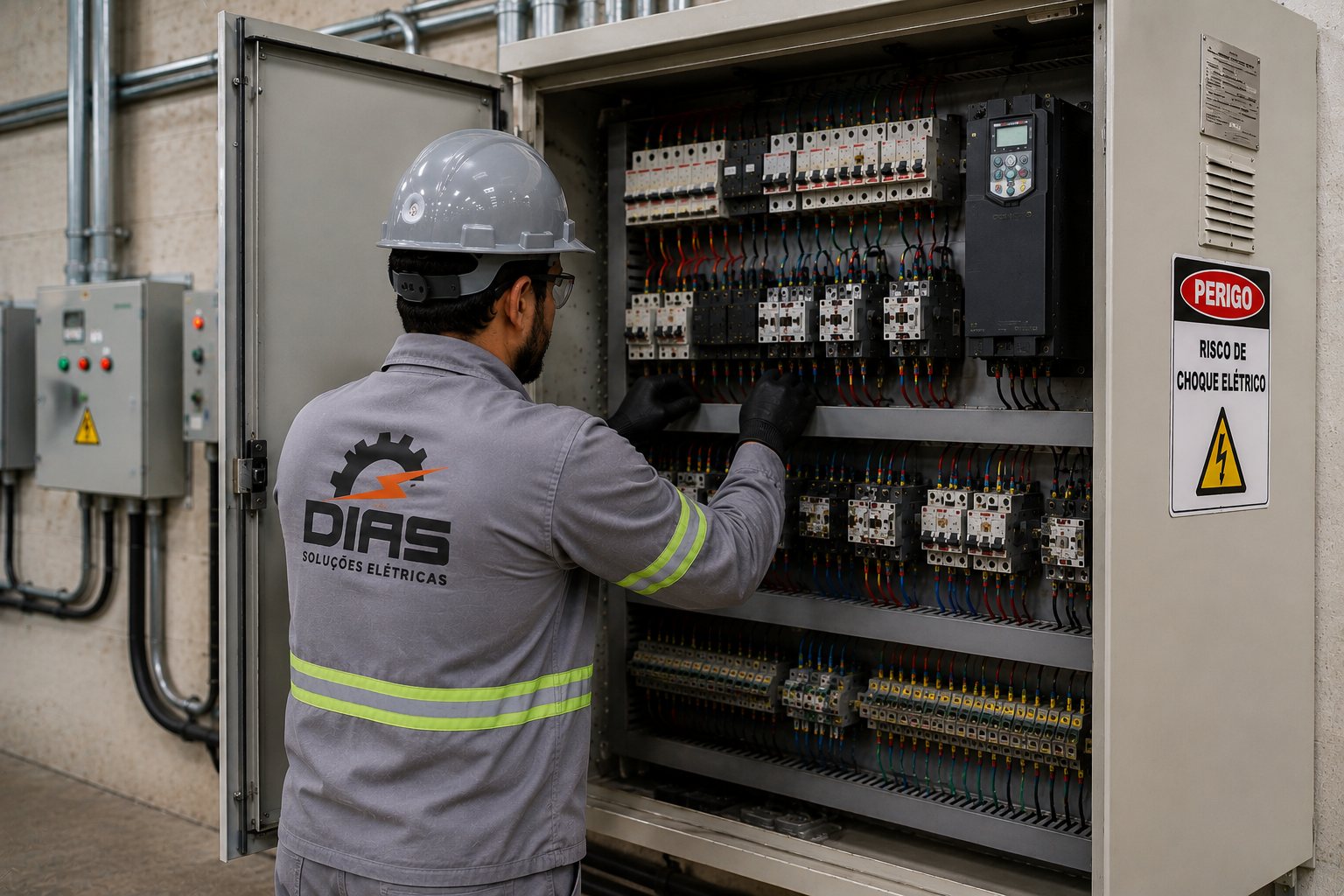 Profissional da Dias realizando manutenção em painel industrial