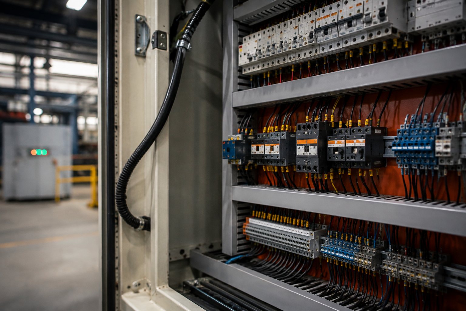 Painel de comandos elétricos em ambiente industrial